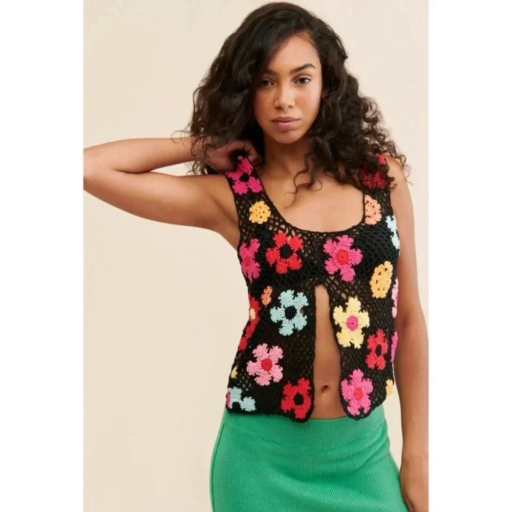 New Free People Tach Ashete Knit Crochet Tank Top Black XS